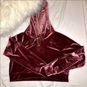 Pink velvet cropped hoodie